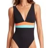 Seafolly Sliceofsplice Spliced Deep V Neck One Piece