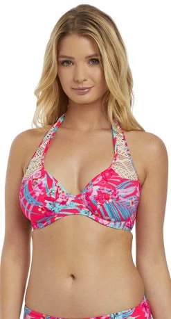 Freya E-F Cup Fitting Wild Sun Crochet Underwire Banded Halter Bikini Top