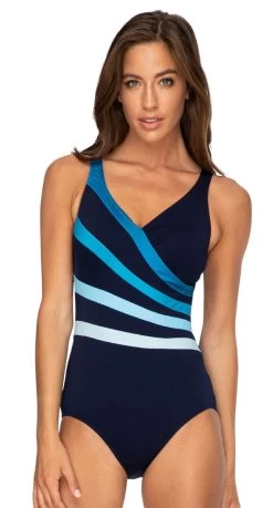 Poolproof Chlorine Resistant Fan Splice Tank One Piece Swimsuit - Navy