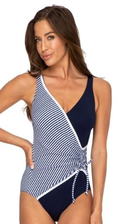 Poolproof Chlorine Resistant Ticking Stripe Cross Over One Piece Swimsuit - Navy