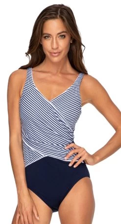 Poolproof Chlorine Resistant Ticking Stripe E-F Cup Fitting Cross Over One Piece Swimsuit